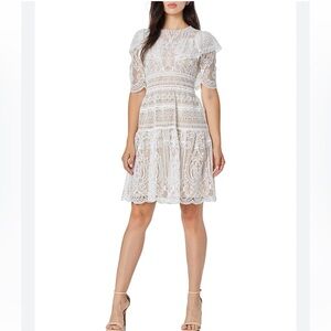 ML Monique Lhuillier White Lace Fit-and-Flare Mini Dress